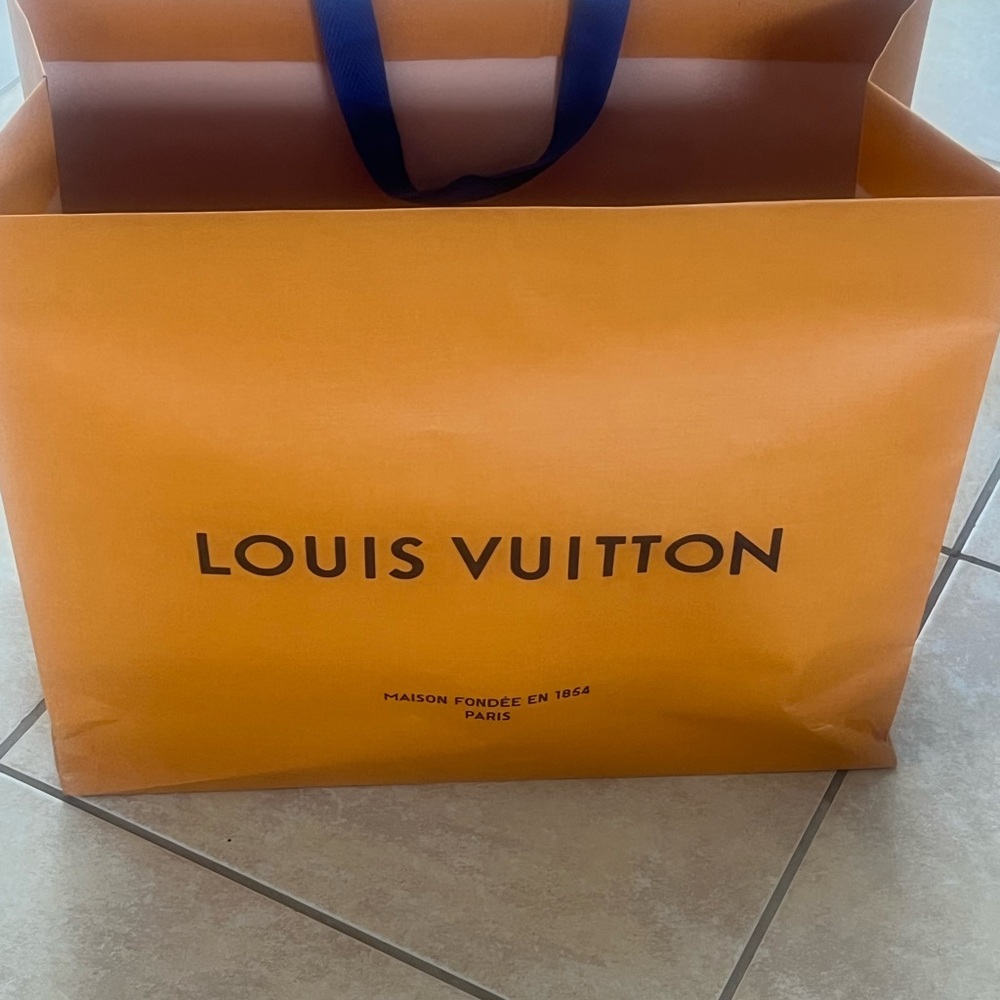 Large Louis Vuitton Orange Bag with Blue Handles and box, 2 shoe bags and ribbon